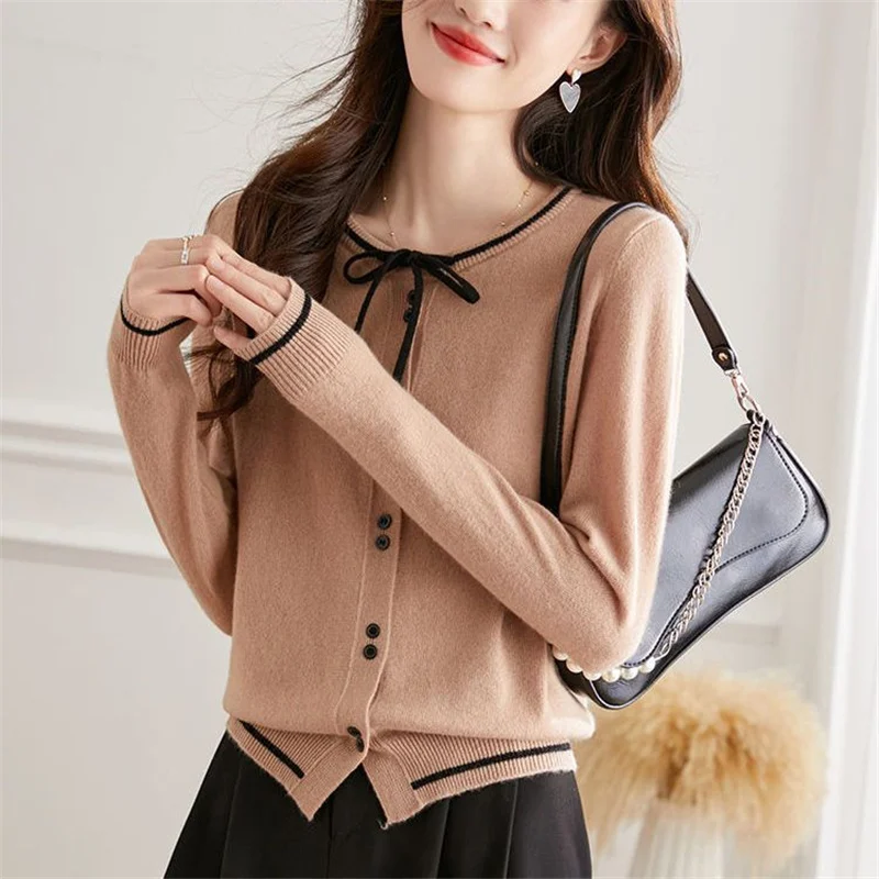 New Spring Autumn French Style Elegant Chic Lace Up Bow Kawaii Sweet Long Sleeve Knitted Cardigan Women Casual Slim Sweater Top