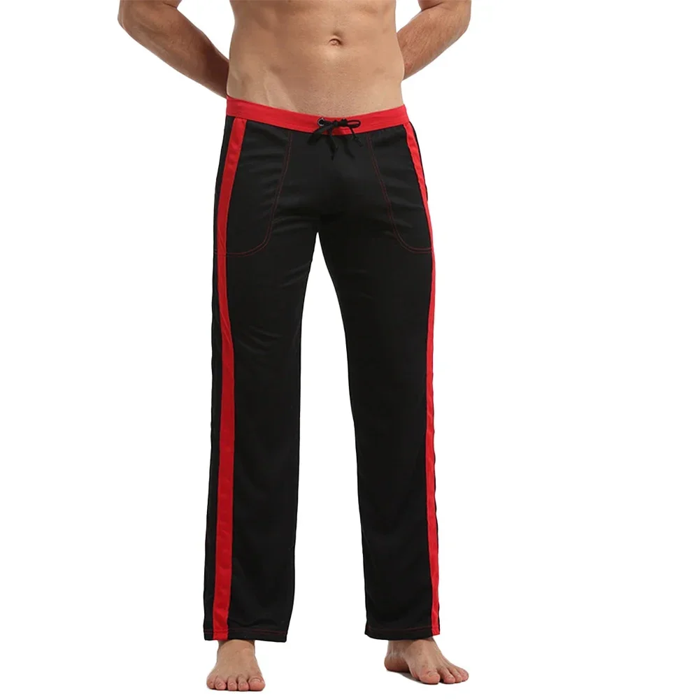 Men's Black Polyester Stripe Pattern Lounge Pants Sleep Gym Active Pajama Sweatpants Jogger Slim Bottoms Trousers