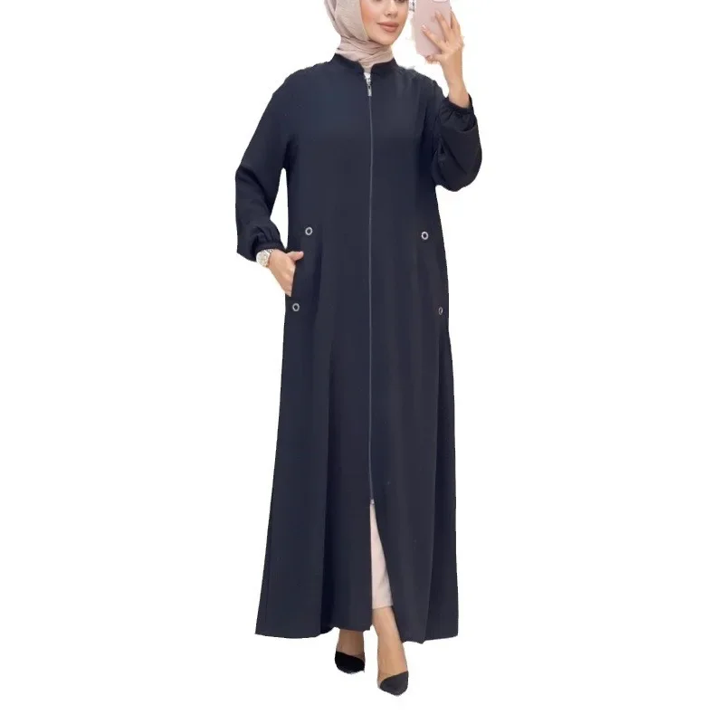 Turkish Dresses Eid Prayer Abaya Black Robe Long Sleeve Causal for Women Stand Collar Zipper Dubai Saudi Clothing Kaftan