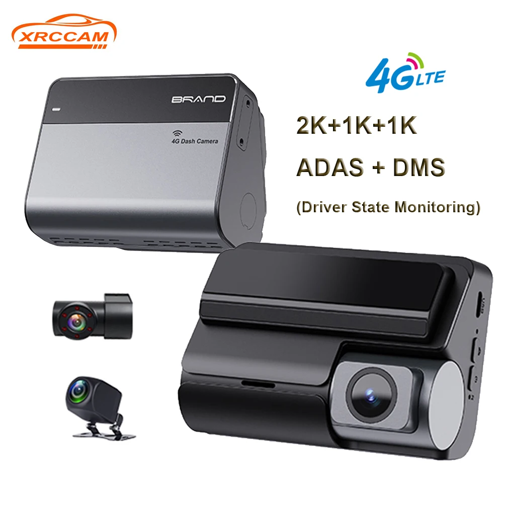4G Car Dash Cam with 3 Channels 2K+1K+1K Front Interior and Rear Remote Monitor ADAS DMS WiFi App GPS Tracking Night Vision