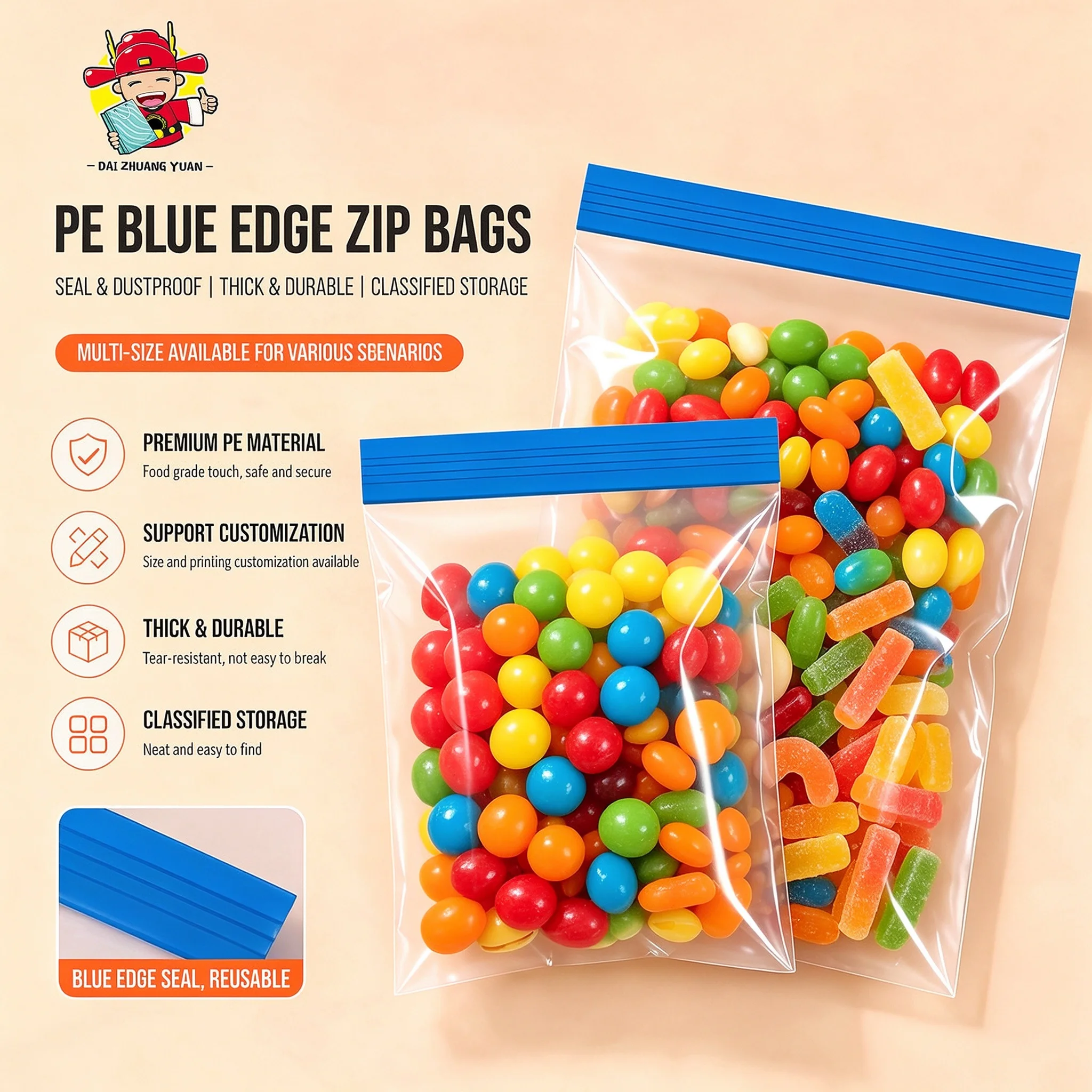 100PCS PE Blue Edge Zip Bags, Reusable Clear Plastic Ziplock Storage Bags, Food Grade Dustproof Packaging Pouches