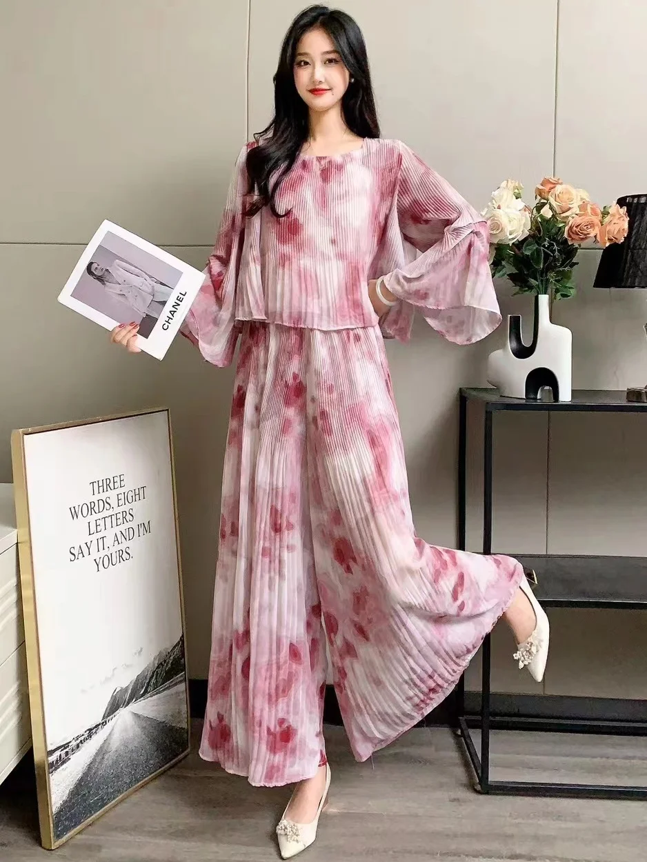 2024 New Spring Summer Women Tie Dye Pleated Pants Suit Loose Speaker Sleeve Chiffon Shirt And Wide Leg Long Pants Two Piece Set