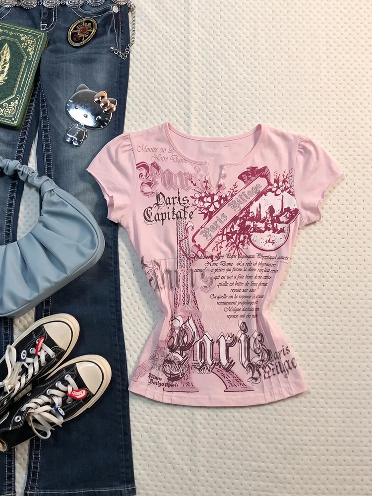 Millennial Pink Printed Short Sleeve T-Shirt Women's Casual Style Comfortable Cotton High Waist V-Neck Soft Breathable Top