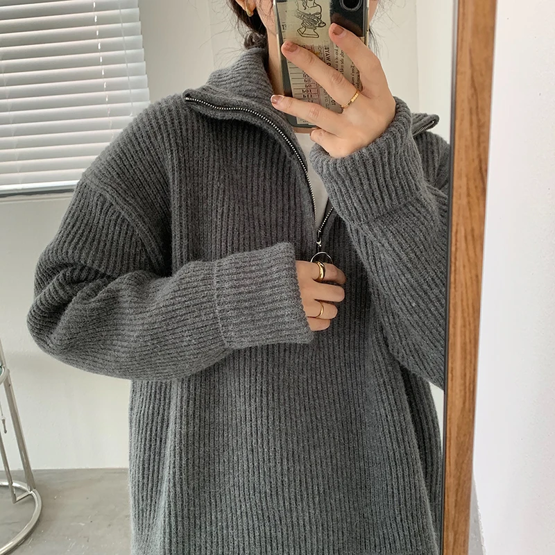 

Korean Chic Lazy Sle Zipper High Collar Women's Knitted Sweater Thi Warm Winter Outerwear Long Sve Straight Fit Knitwear