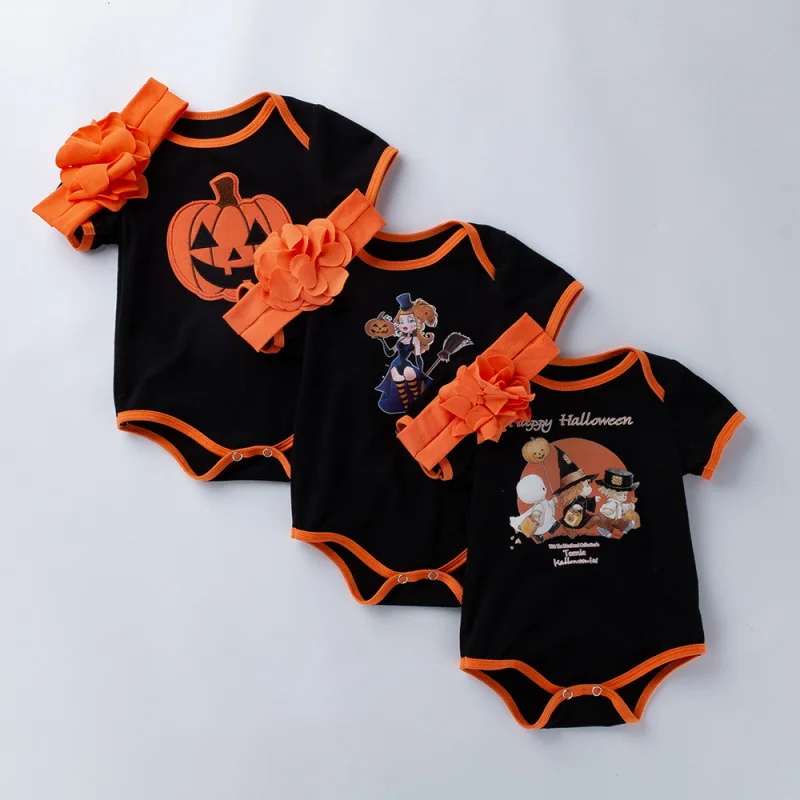 

New Halloween Baby Kids Romper for Children's Clothes Costume Newborn Boys Girls Short-sleeved Cartoon Bodysuit+Headband Suit