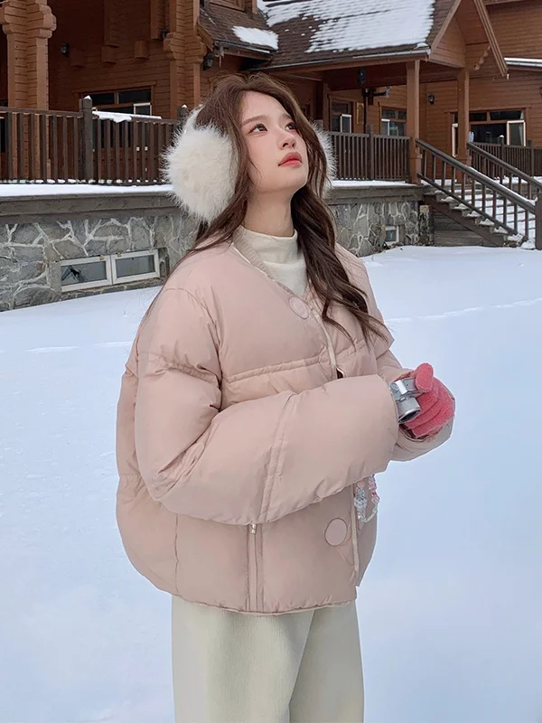 

Cute Pink Bread Sle ort Women's down Jaet Warm Faionable Winter Outerwear Casual Loose Fit White Du Feather