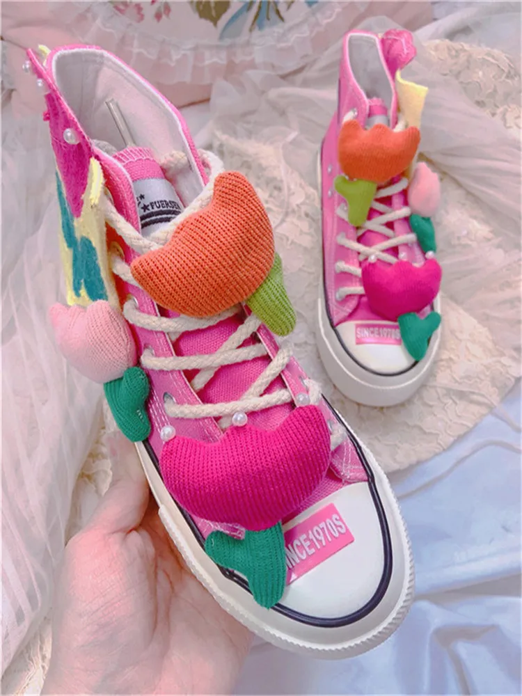 Women Shoes Custom Design For Lady Party Canvas Handmade Flower Cute Pink Pearls Sneakers Adult Shoes