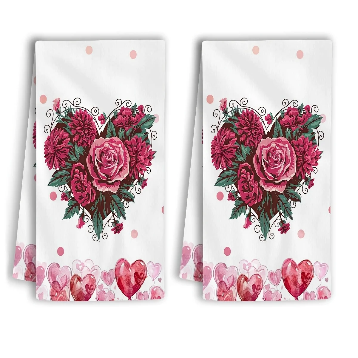 2Pcs Romantic Floral Heart Hand Towels Pink Red Roses Ultra-Soft Polyester Valentine's Day Decor