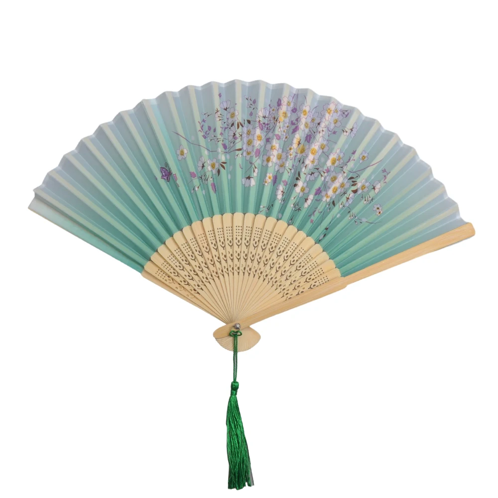 Traditional Chinese Japanese Style Printed Silk Hand Folding Fan Wooden Shank Tassel Elegant Wedding Gift Home Decoration