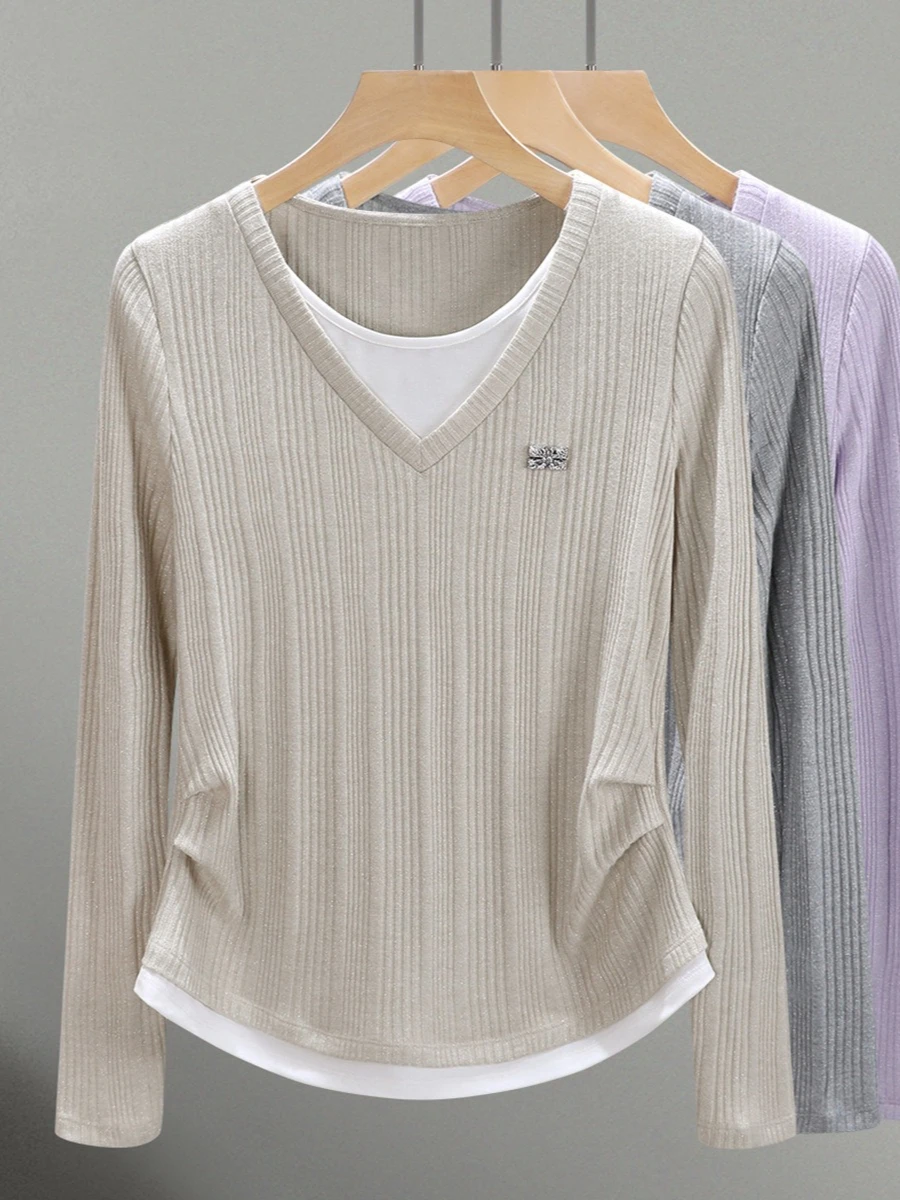 2026 Fall Winter Women Fake Two Piece Long Sleeve T-shirt Korean Style Slim Fit Designer Layering Undershirt Casual Elegant Tops