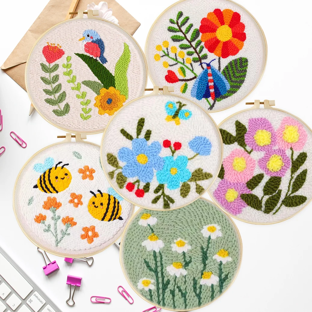 

Punch Needle Embroidery Flower Butterfly Bird Punch Needle Kit with Stamped Cloth Instructions Yarn Needle Kit for DIY Work