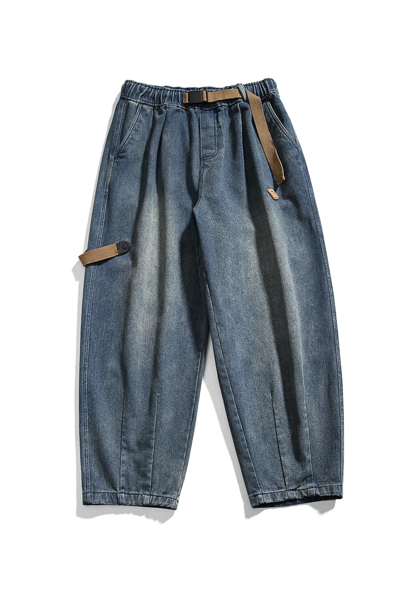 Japanese do old decorative webbing tooling casual straight leg jeans old blue holes cut broken jeans men straight leg loose pant