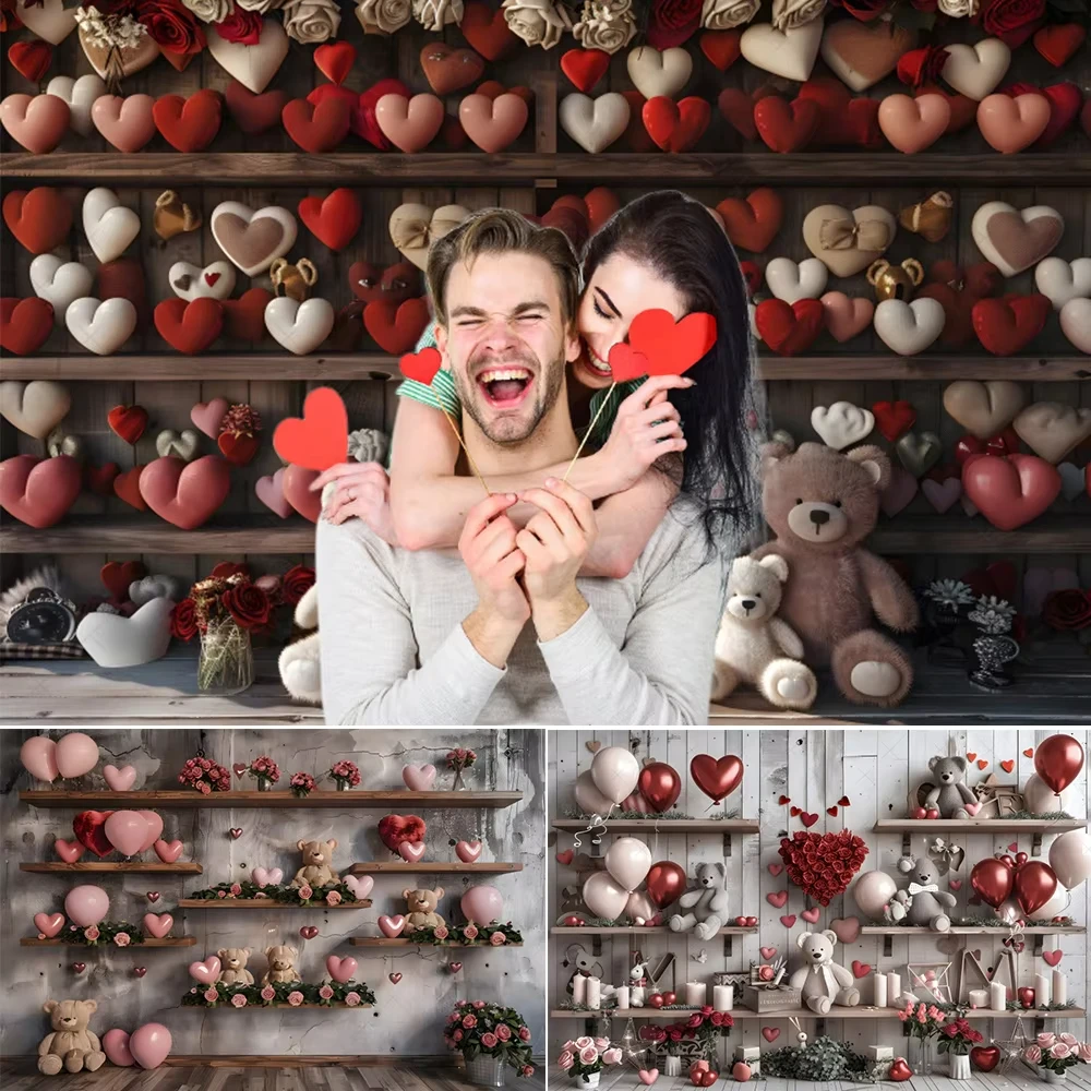 Marriage Decoration February 14 Valentine's DayBackdrop Bear Love Heart Rose Flowers Couple Wedding Party Photography Background