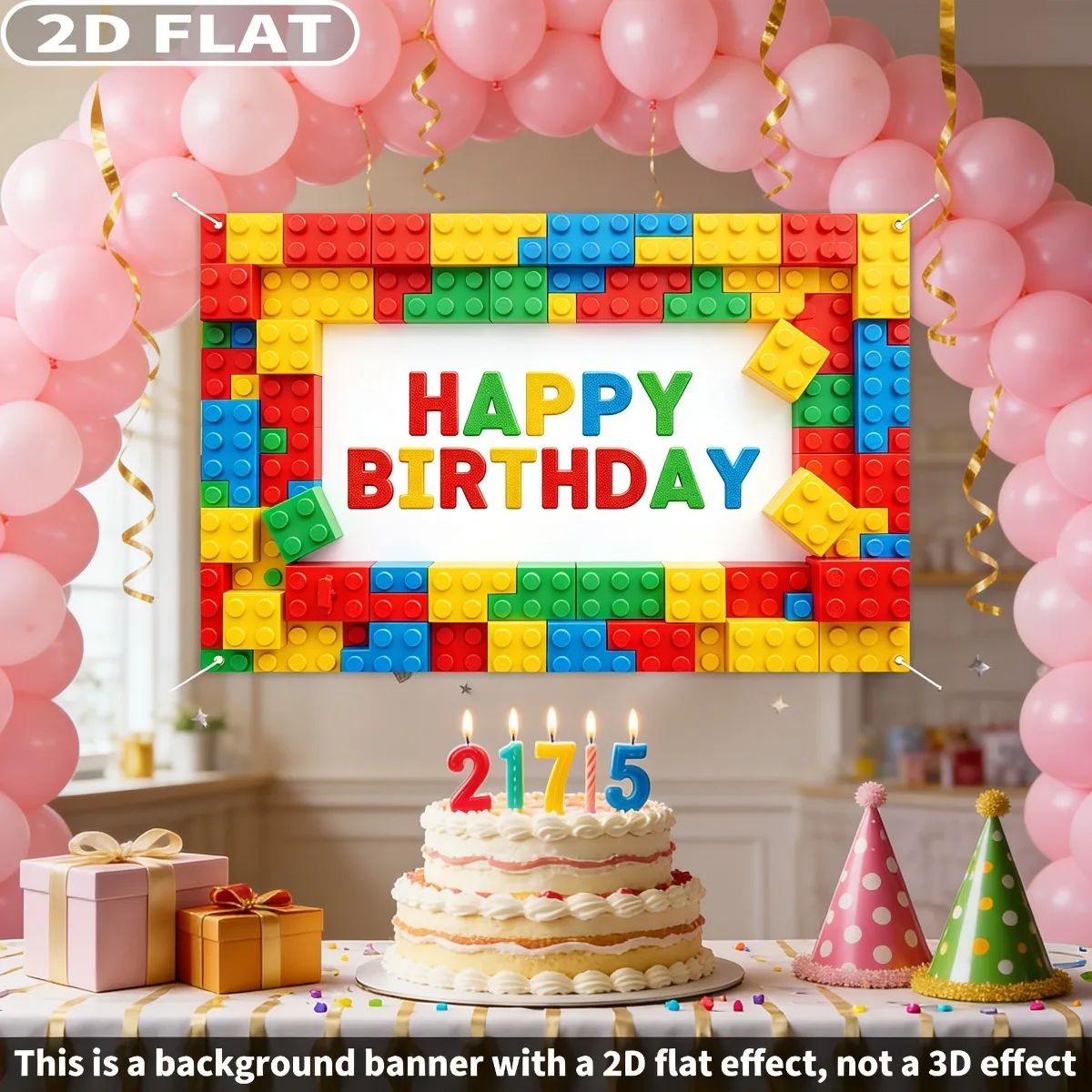 2D FLAT 1pc Birthday Party Banner, Multiple Sizes Happy Birthday Block Lettering with Colorful Building Blocks, Polyester Fabric