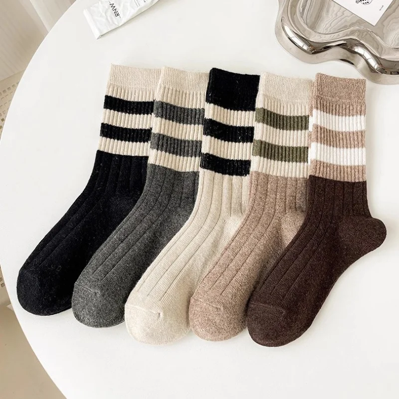 5 Pairs Women Striped Mid-calf Socks Autumn Winter Thermal Knitted Socks Brown Retro Slouch Boot Socks Casual Daily EU 35-42