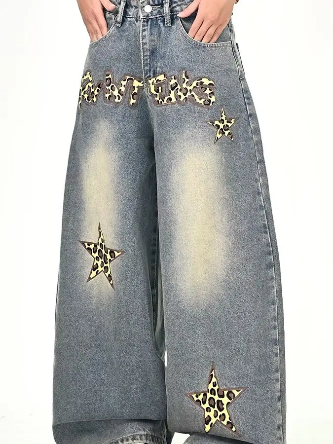 

Retro American Streetwear Star Embroidery Wide Leg Jeans Loose Straight Loose Fit Floor-Length Trousers for Men And Women