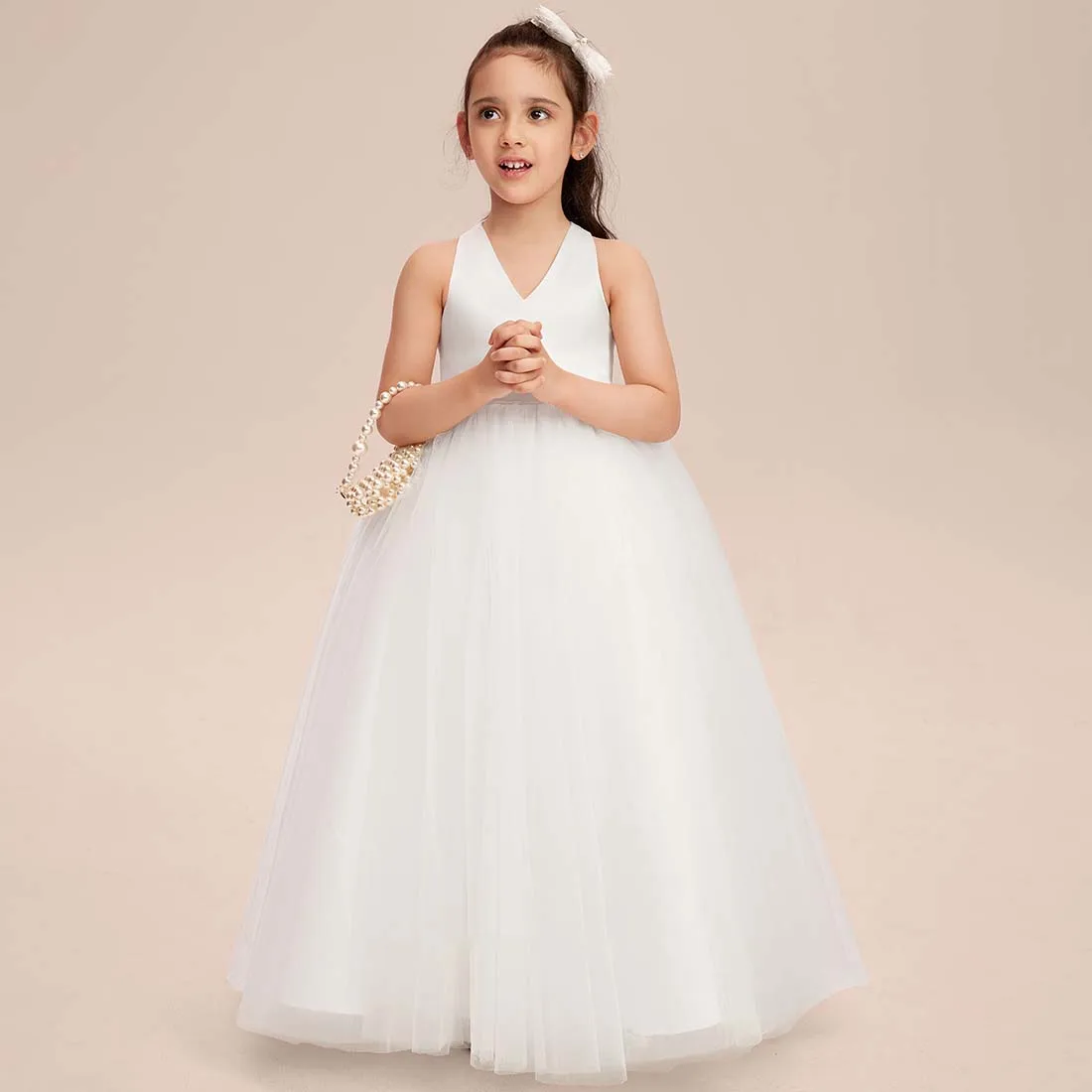 YZYmanualroom Lace Satin Flower Girl Dress A linha V-Neck Andar de comprimento 2-15T