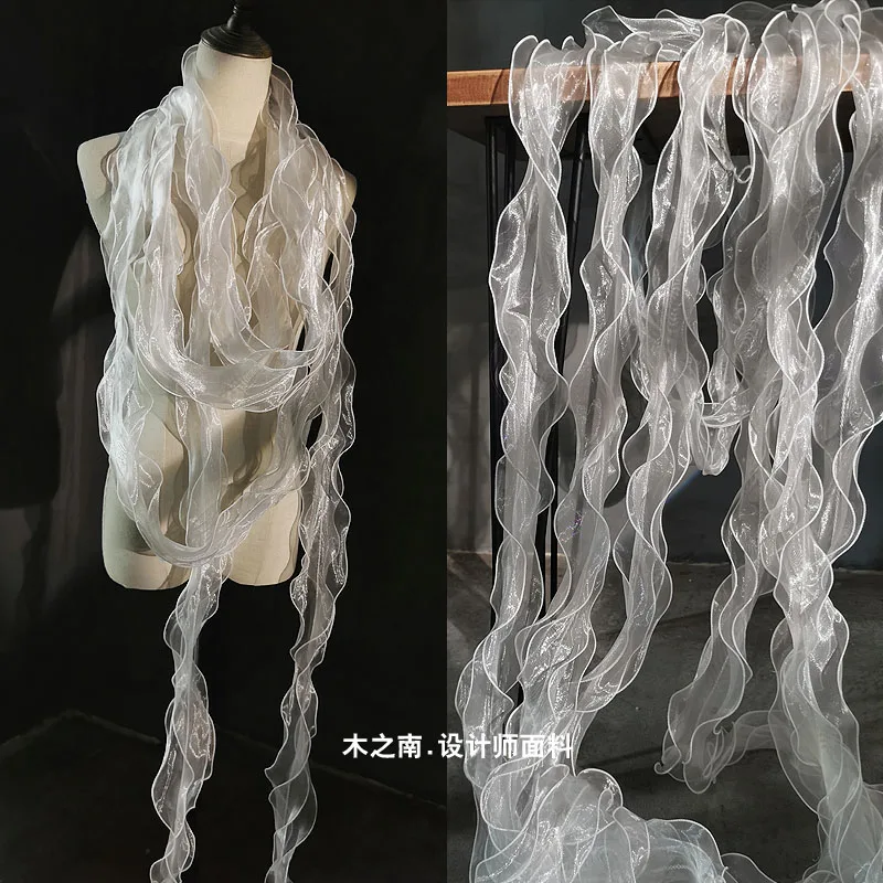 Transparent Wave Lace Pearlescent Yarn Fabric White Perspective Wedding Dress DIY Designer for Sewing Material Wholesale Cloth