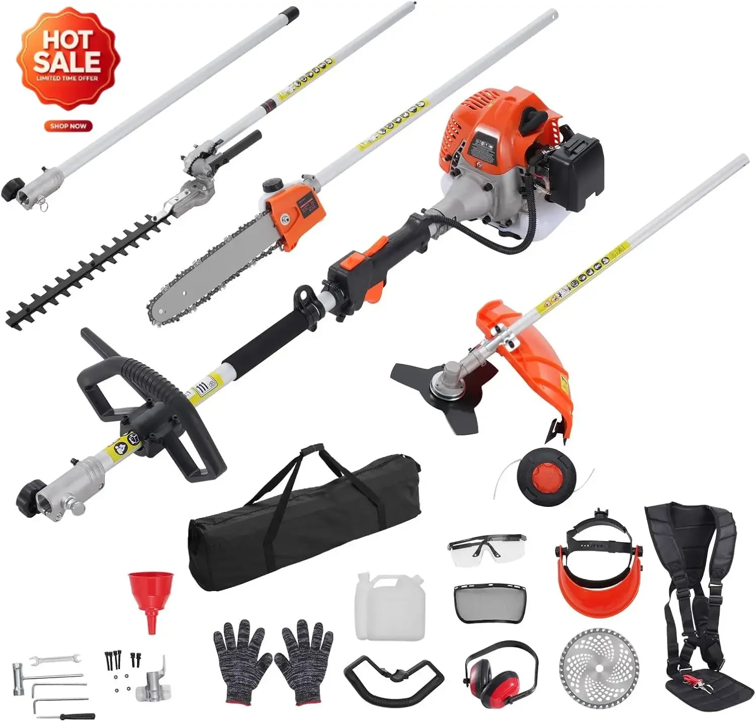 52cc Gas-Powered 6-in-1 Multi-Functional Trimmer - Hedge Trimmer, Brush Cutter, Weed Eater, Edger, Pole Saw & Chainsaw Pruner