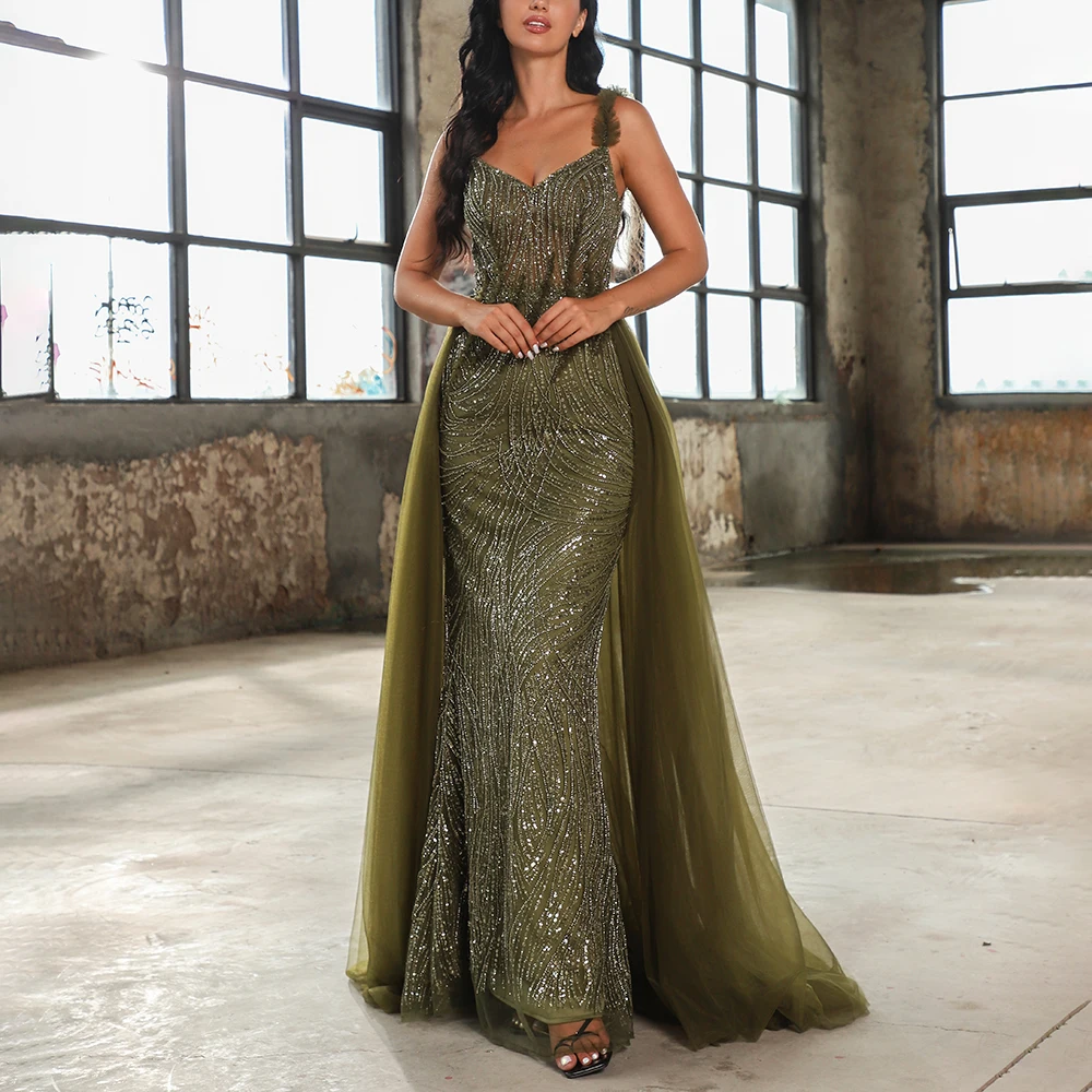 Green Sweetheart senza maniche Strap Heavy Beaded Dubai abiti da sera da sposa elegante abito da festa formale arabo con Sweep Train