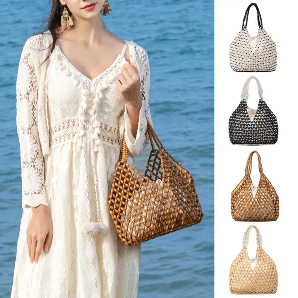 

Fashion Polyester Lining Beaded Shoulder Bag Bucket Shape Large Capacity Ladies Handbag Handwoven Women Crossbody Bag Women