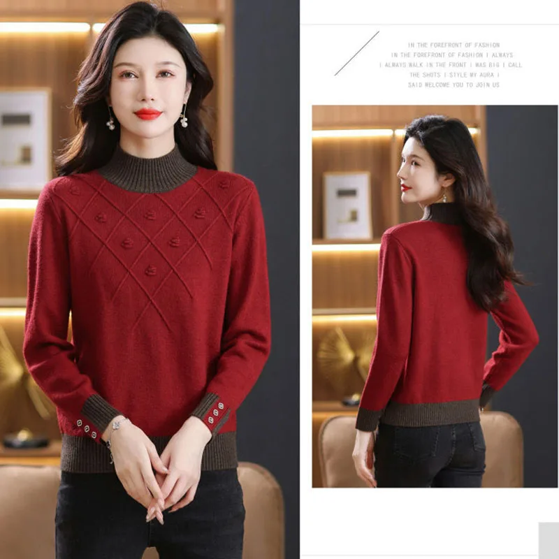 

Autumn Winter Half High Neck Knitted Sweater Women Pullover Patchwork Loose Casual All-match Bottoming Sweater Ladies Jumper Top