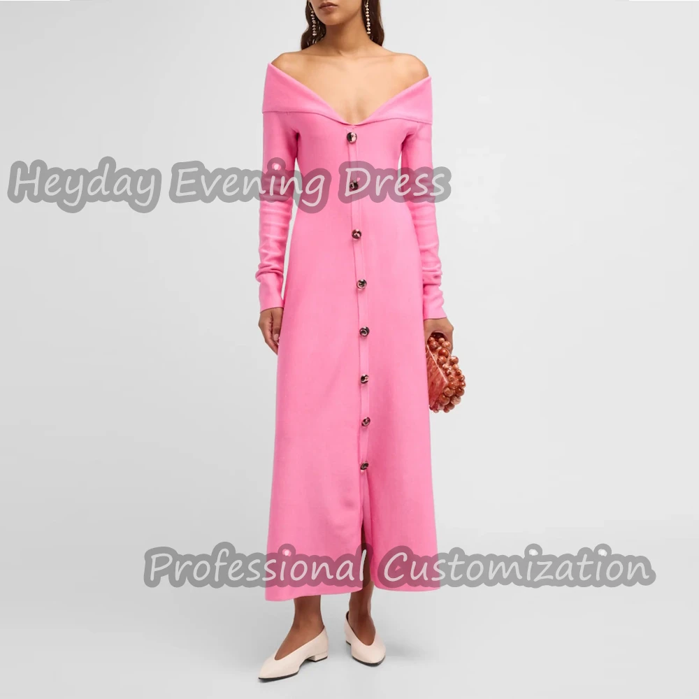 

Heyday Off-the-shoulder Saudi A-Line Prom Gown Sexy Ruffle Satin Long Sleeves Tea Length Elegant Dress For luxurious Woman 2024