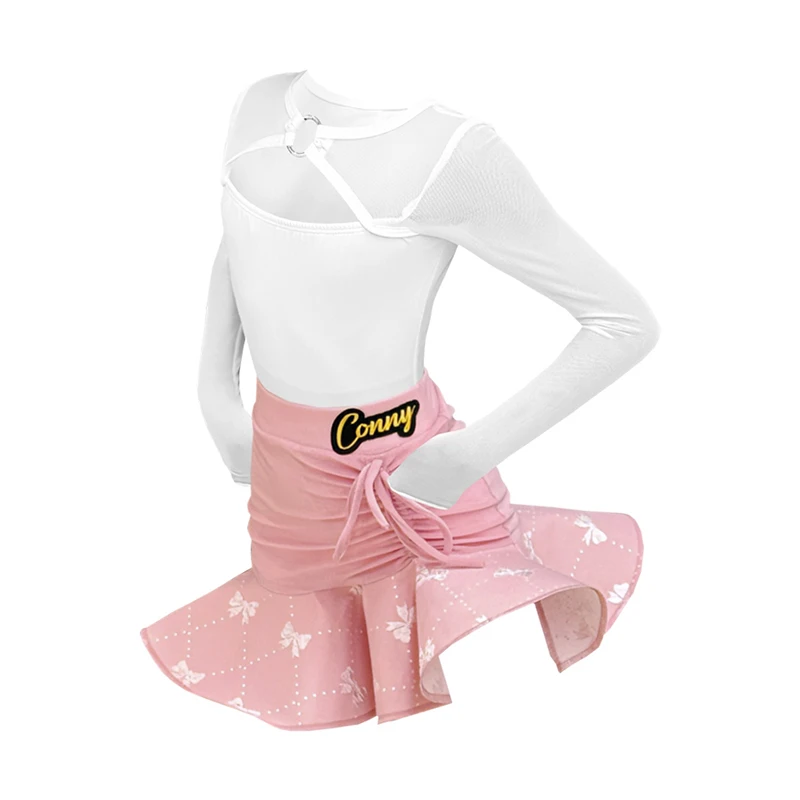 Strój do tańca latynoamerykańskiego dla dziewczynek ChaCha Samba, odzież sceniczna dla dzieci, strój do rumby, latynoamerykański strój taneczny z falbankami, białe body, niebieska spódnica, odzież taneczna