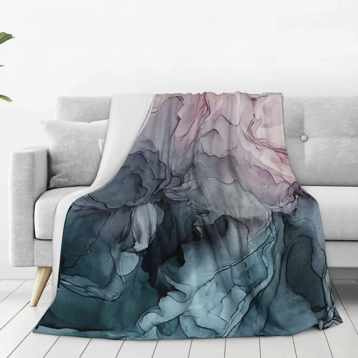 Blush And Payne's Grey Flowing Abstract Painting Blankets Flannel Warm Throw Blankets  For Couch Bedding Travel Throws Bedspread