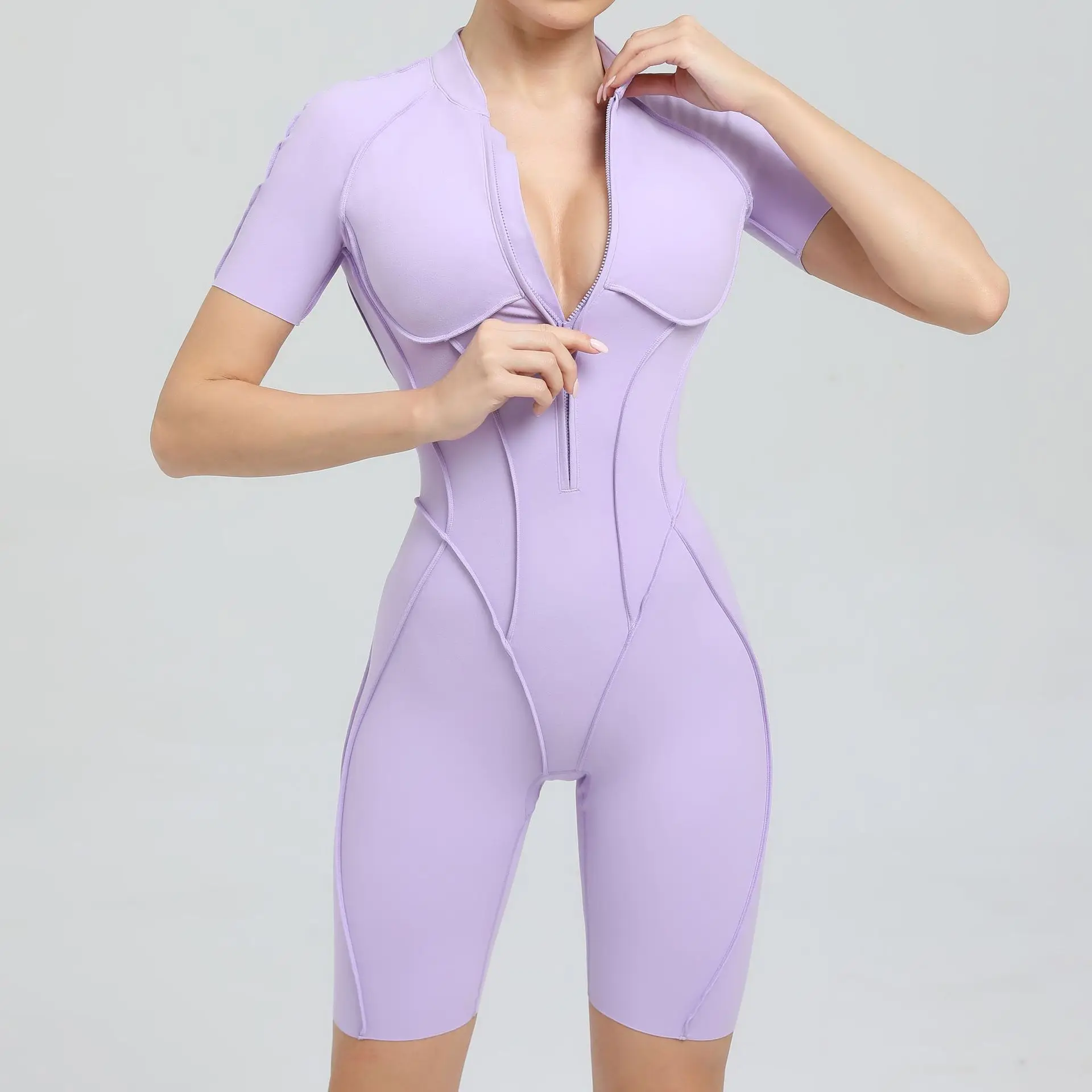 

Seamless Yoga Jumpsuits Sports Fitness Zipper Hip-lifting Short-sleeved Backless Dance Workout Gym Shorts Bodysuits for Women