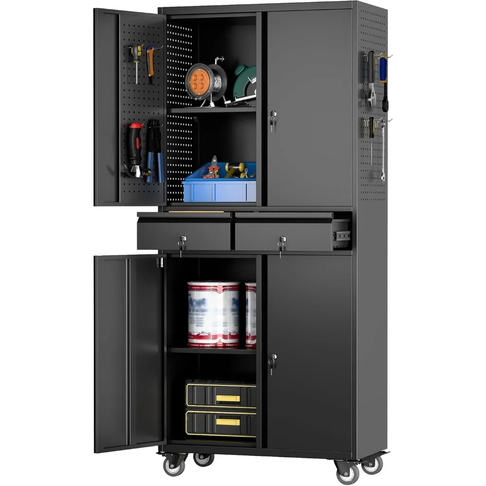 

Garage Storage Cabinet with Wheels, Metal Storage Cabinet with 2 Drawers and 2 Adjustable Shelves, Metal Lockers