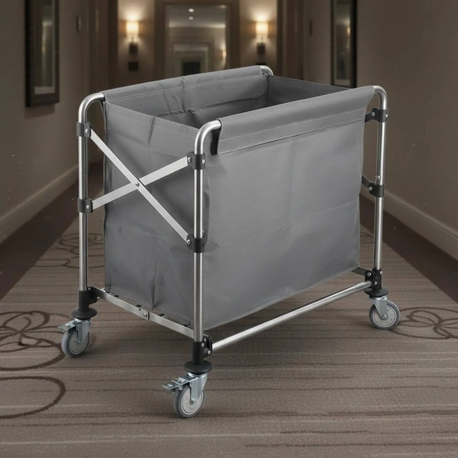 Foldable Linen Trolley Removable Bag Foldable Laundry Cart Rolling Laundry Hamper Sturdy Duty Stainless Steel Cleaning Cart