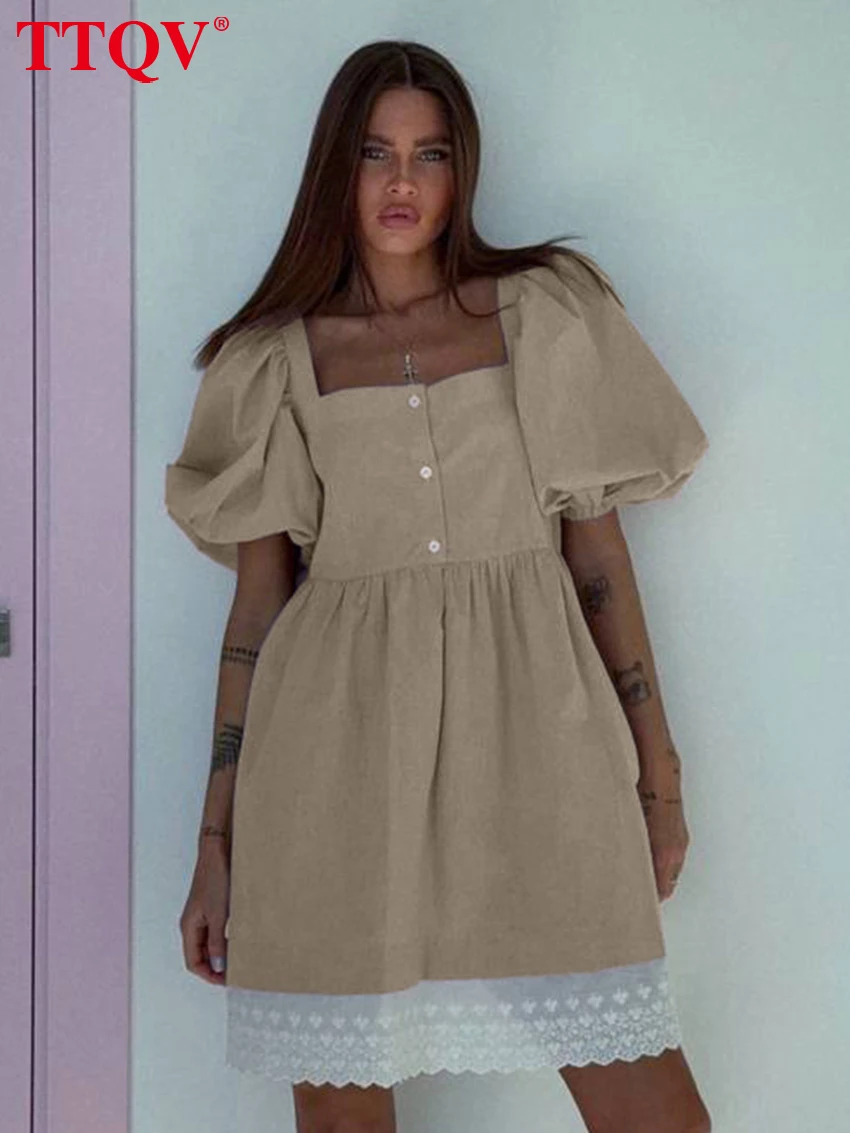 

TTQV Summer Loose Khaki Cotton Women's Dress 2026 Fashion Square Collar Short Sleeve Mini Dresses Elegant Patchwork Female Dress
