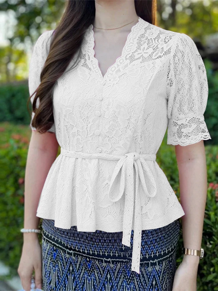 

ZANZEA Women Elegant OL Blouse 2025 Summer Short Sleeve Lace Shirts Belted Tunic Tops Fashion Blusas Femininas V-Neck Clothing