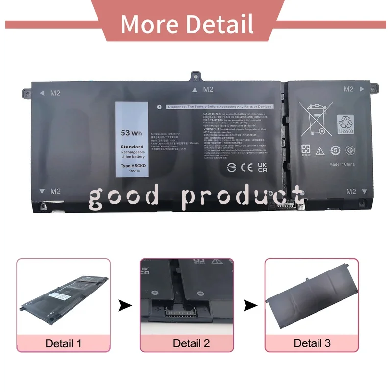 15V 53Wh H5CKD Laptop Battery Compatible for Dell Inspiron 5400 5406 7405 7300 7306 7500 7506 2-in-1 Silver 5300 5301 5401 5402