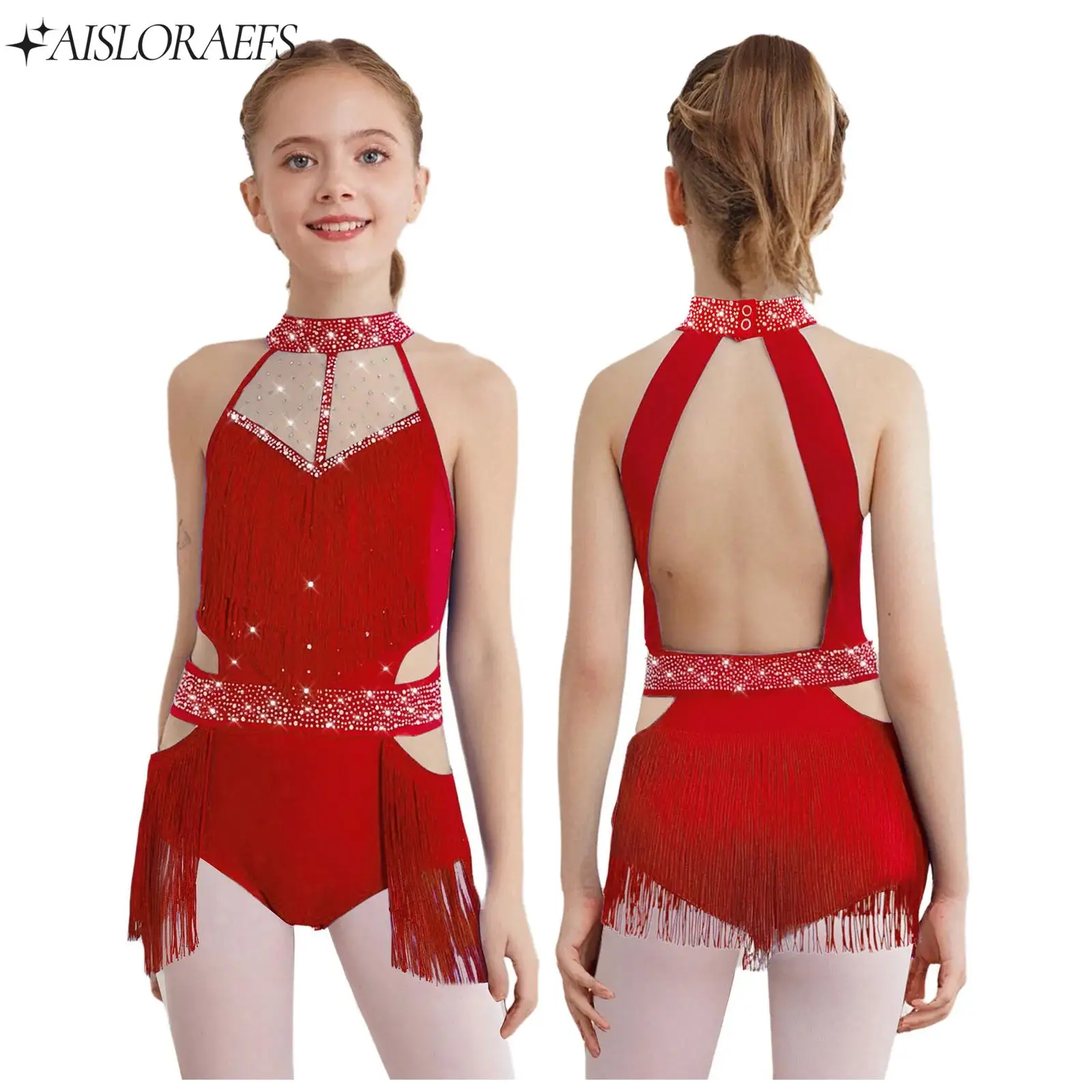 

Kids Girls Tassels Tango Latin Dance Leotards Costumes Sleeveless Rhinestones Mesh Bodysuits for Stage Performance Competition