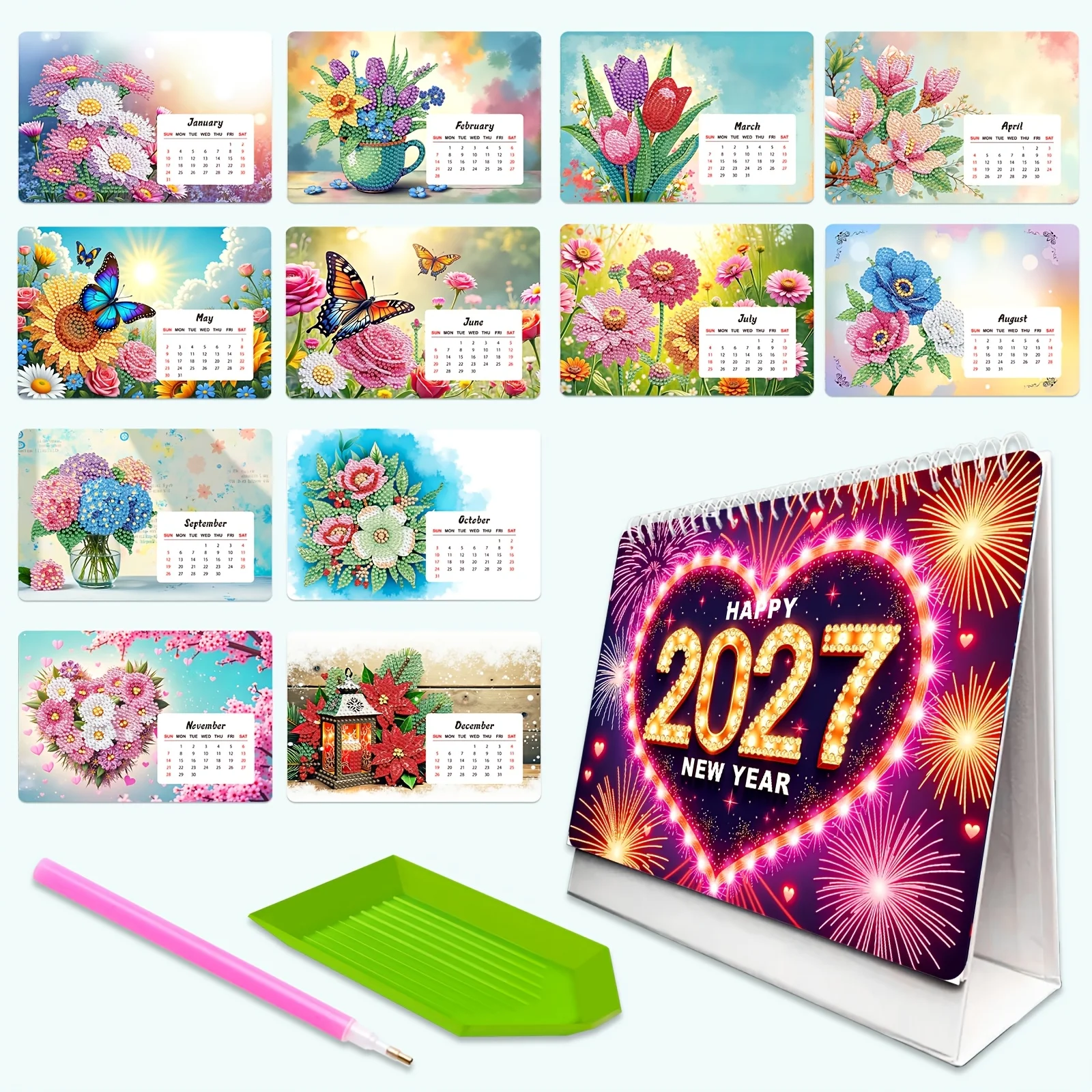 2027 DIY Diamond Painting Desk Calendar Kit 12 Month with Diamond Pen Tray Handmade Art Craft Decor Gift for DIY Art Enthusiasts
