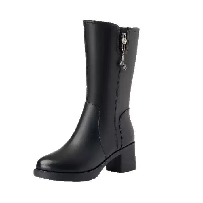 2025 Winter Women\'s Boots Fashion Leather Middle Boots Plush Warm Snow Boots for Women Outdoor Platform Cotton Shoes Botas Mujer