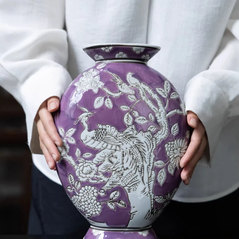 

Hand Drawn Relief Ceramic Vase Modern Chinese Style Home Decor Luxury Festive Centerpiece for New Year Celebration Art Ornament