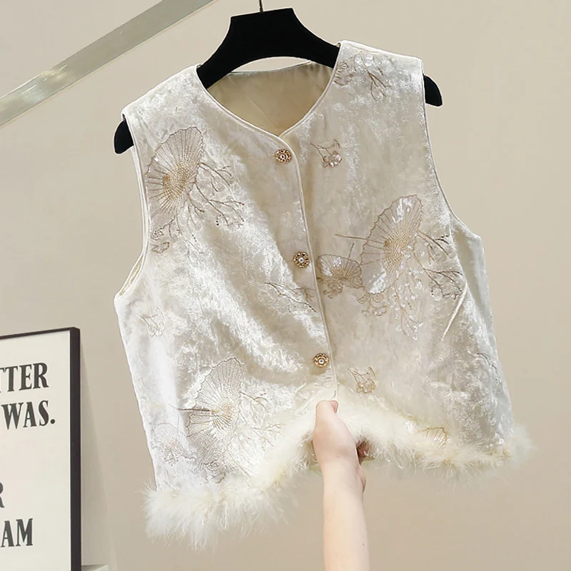 

Новая китайская модная куртка с тяжелой вышивкой, перьями и пайетками, женская, на одной пуговице, средней длины, приталенная, с декором из пайеток