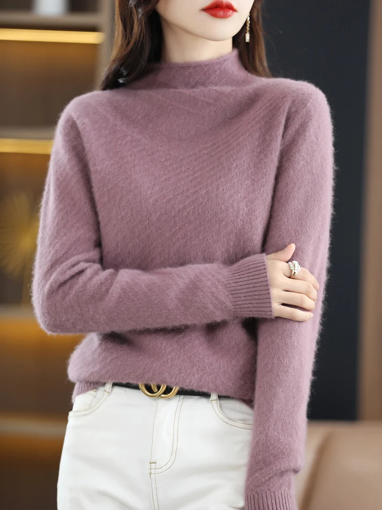 

CHICUU Women Mink Cashmere Sweater Mock Neck Pullover Autumn Winter Basic Bottom Clothing 100% Mink Cashmere Knitwear Warm Tops