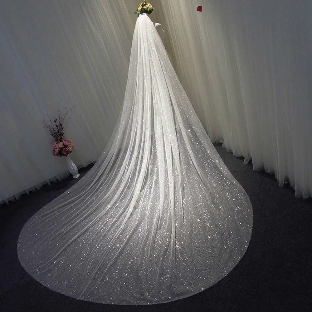 Longo véu de casamento da catedral com pente, véus nupciais Bling Bling, champanhe branco brilhante, 1 camada, 350cm