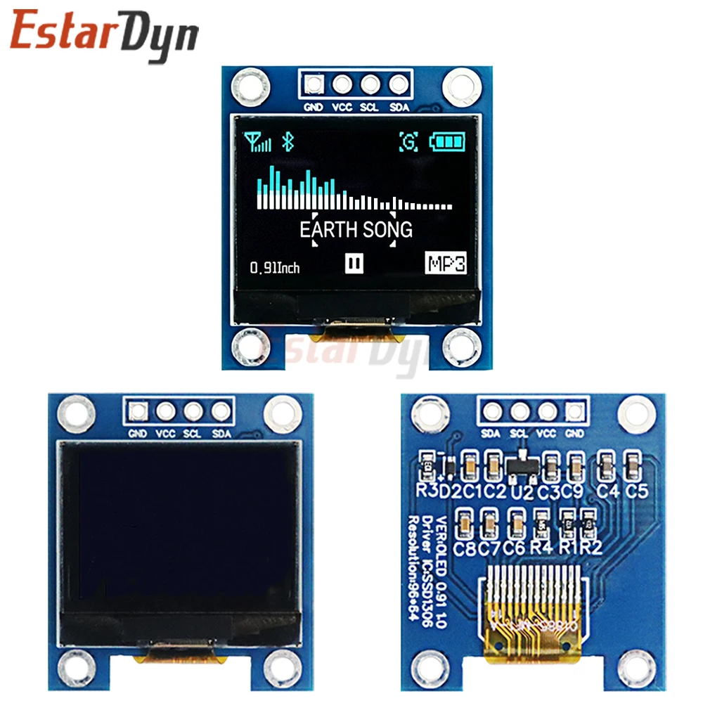Estardyn 0.91'' SSD1306 OLED Display Module 96x64 High Resolution I2C 4-Pin Screen for Arduino