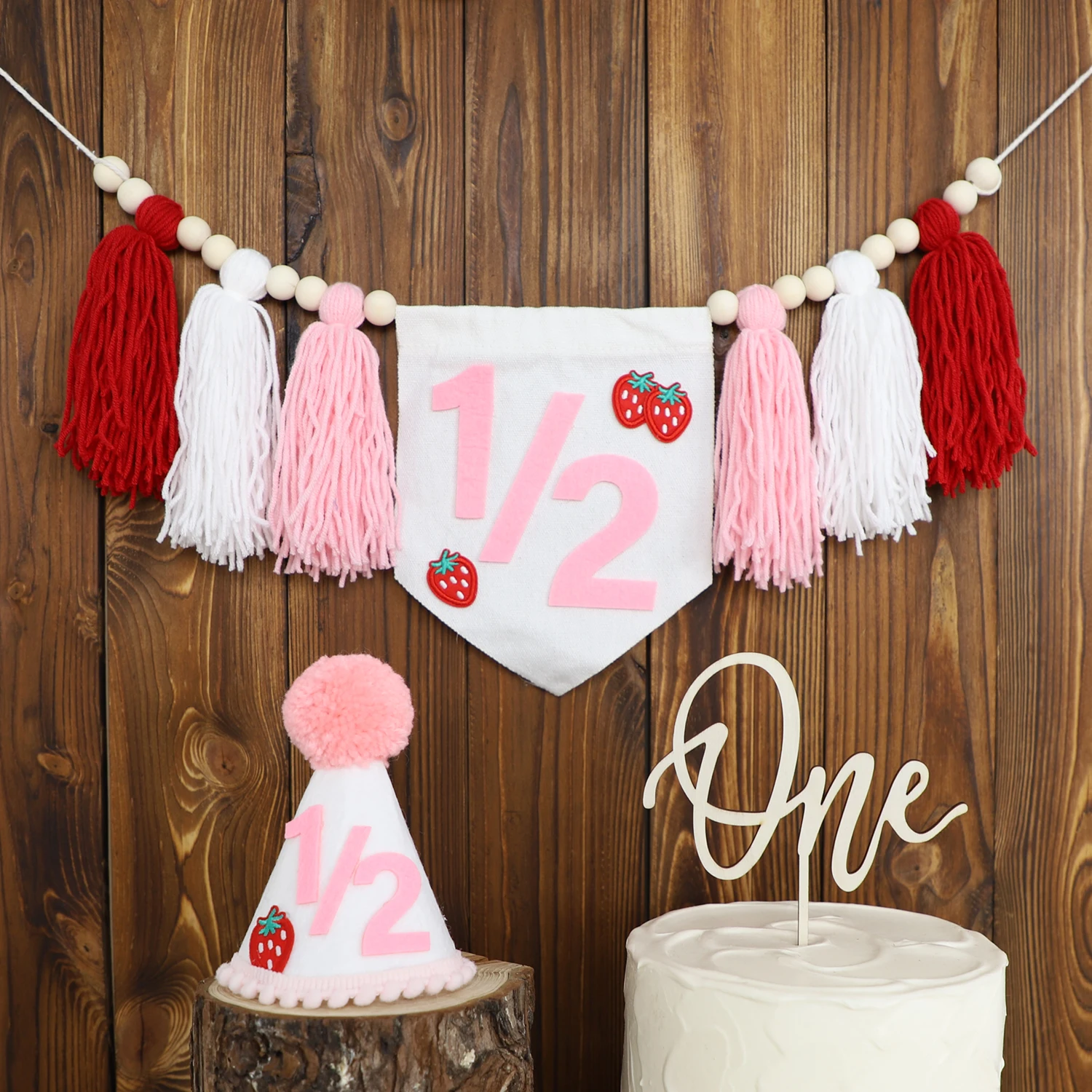 1/2 Birthday High Chair Banner 6 Months Birthday Crown Hat Cute Strawberry Element Handmade Wooden Beaded Fringe Garland
