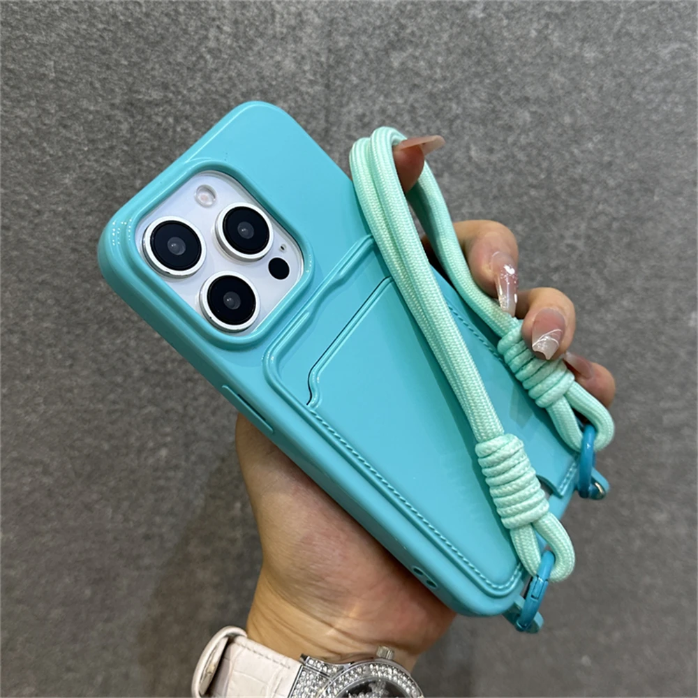 Fashion Wrist Strap Lanyard Wallet Card Holder Phone Case For iPhone 16 11 12 13 14 15 Pro Max Plus XS X XR Soft Silicone Cover