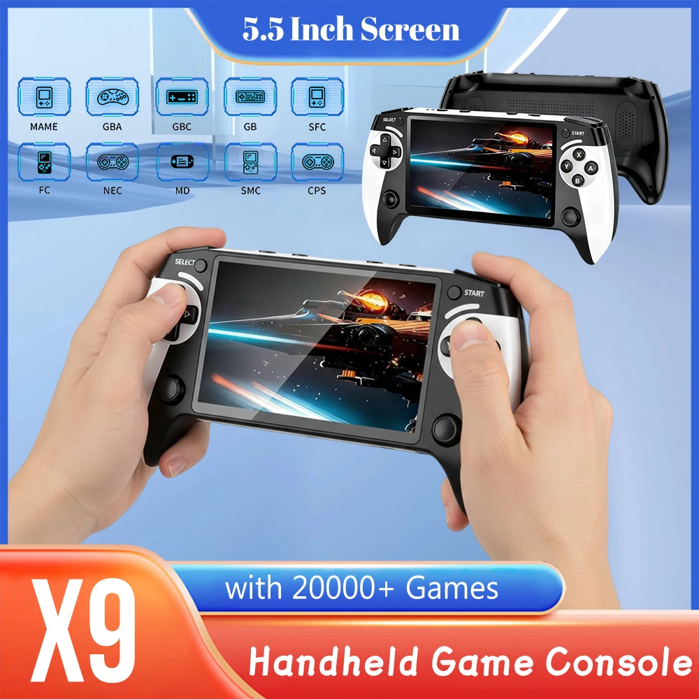 

Портативная игровая консоль X9, встроенная 9 классических игровых эмуляторов, экран 5,5 дюйма, 1500 мАч, 360 ° Нескользящий джойстик Ретро-плеер для видеоигр