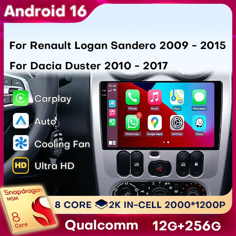 Radio para Auto Android 16 para Renault Logan 1 Sandero 2009 - 2015 Largus Dacia Duster, Carplay Inalámbrico, Multimedia, Video, Estéreo, DPS, 4G