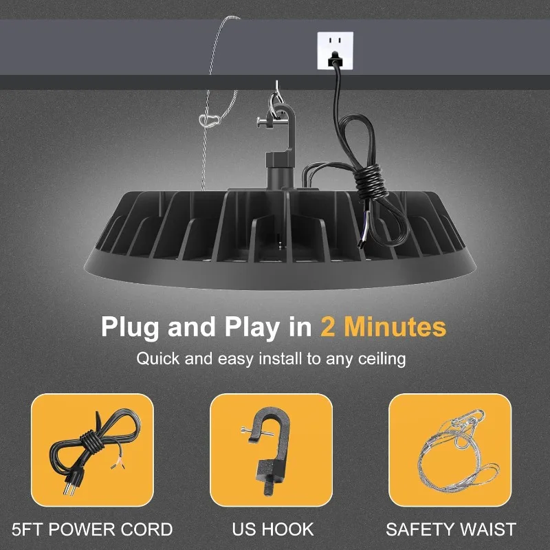High Bay Light 200W 4 عبوات، 32,000LM (160LM/W) 1-10V قابل للتعتيم، كابل 5 بوصات مع قابس، خطاف تعليق، حبل آمن، مدرج ETL f