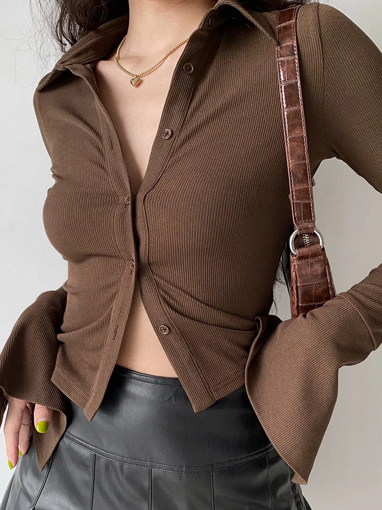 Polo Blouses Women Fashion Lapel Button Up Shirt Female Autumn Flared Long Sleeve Shirt Ladies Casual Slim Short Solid Color Top