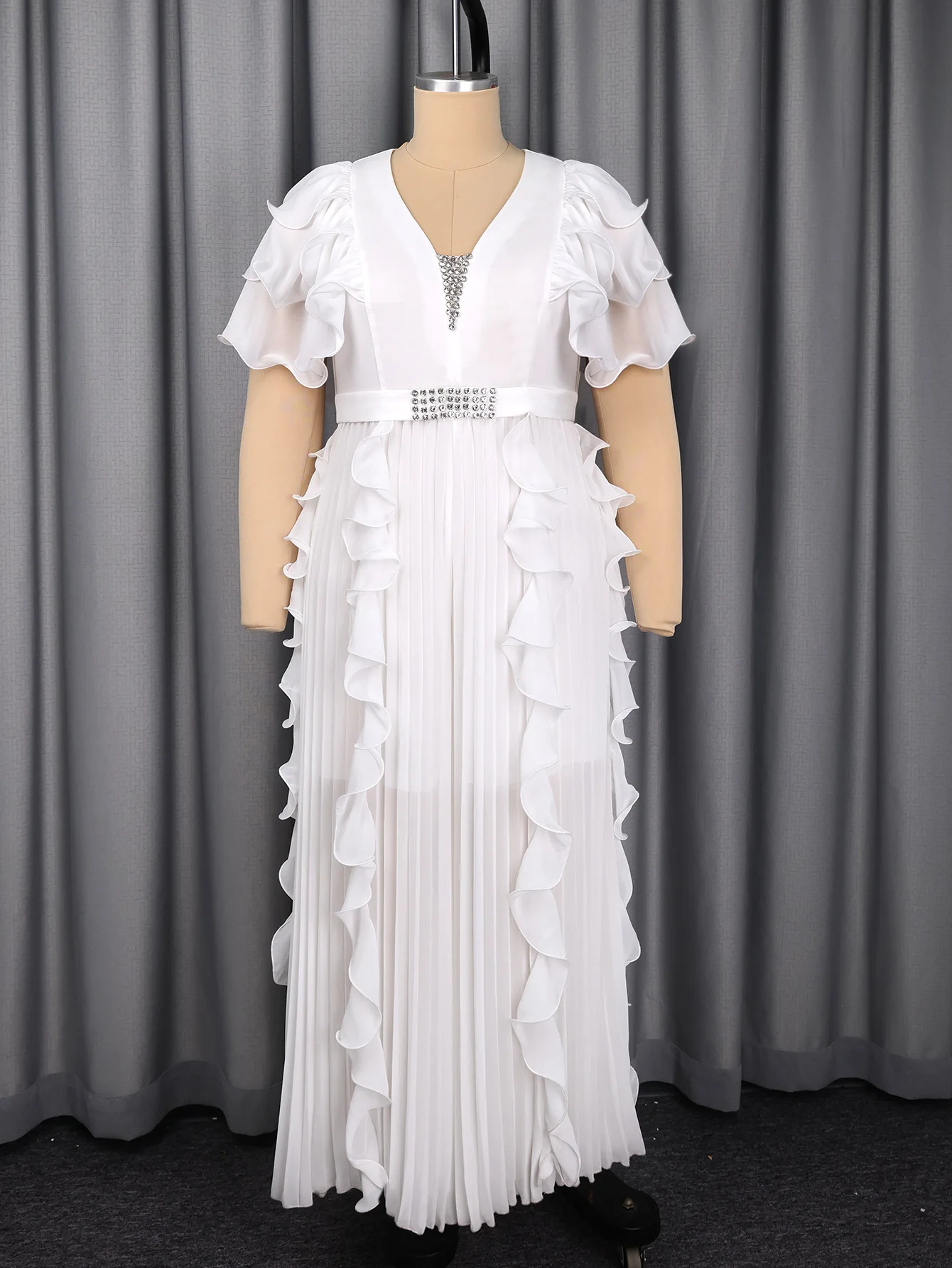 Plus Size Women V-neck Ruffle Jumpsuit White Ruffle Chiffon Wide-leg Rhinestone Belt Pleated Summer Elegant Casual Party Outfit - view 3